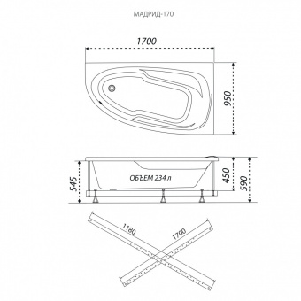 Ванна акриловая 170х95 см белая правая 1ACREAL Madrid2