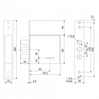 Замок врезной универсальный хром ГАРДИАН 30.01 малый длинный ключ1