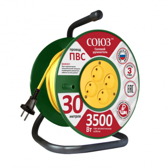 Удлинитель на катушке 4 гнезда 30 м б/з 16А ПВС 2х1,5 мм IP20 СОЮЗ